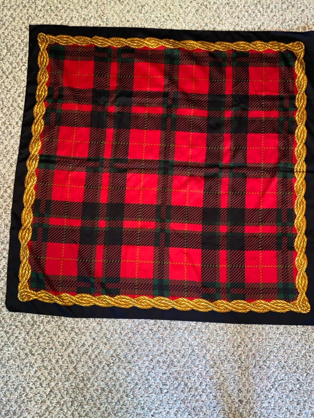 Classic Red Plaid Women's Square Scarf with Gold Rope Border